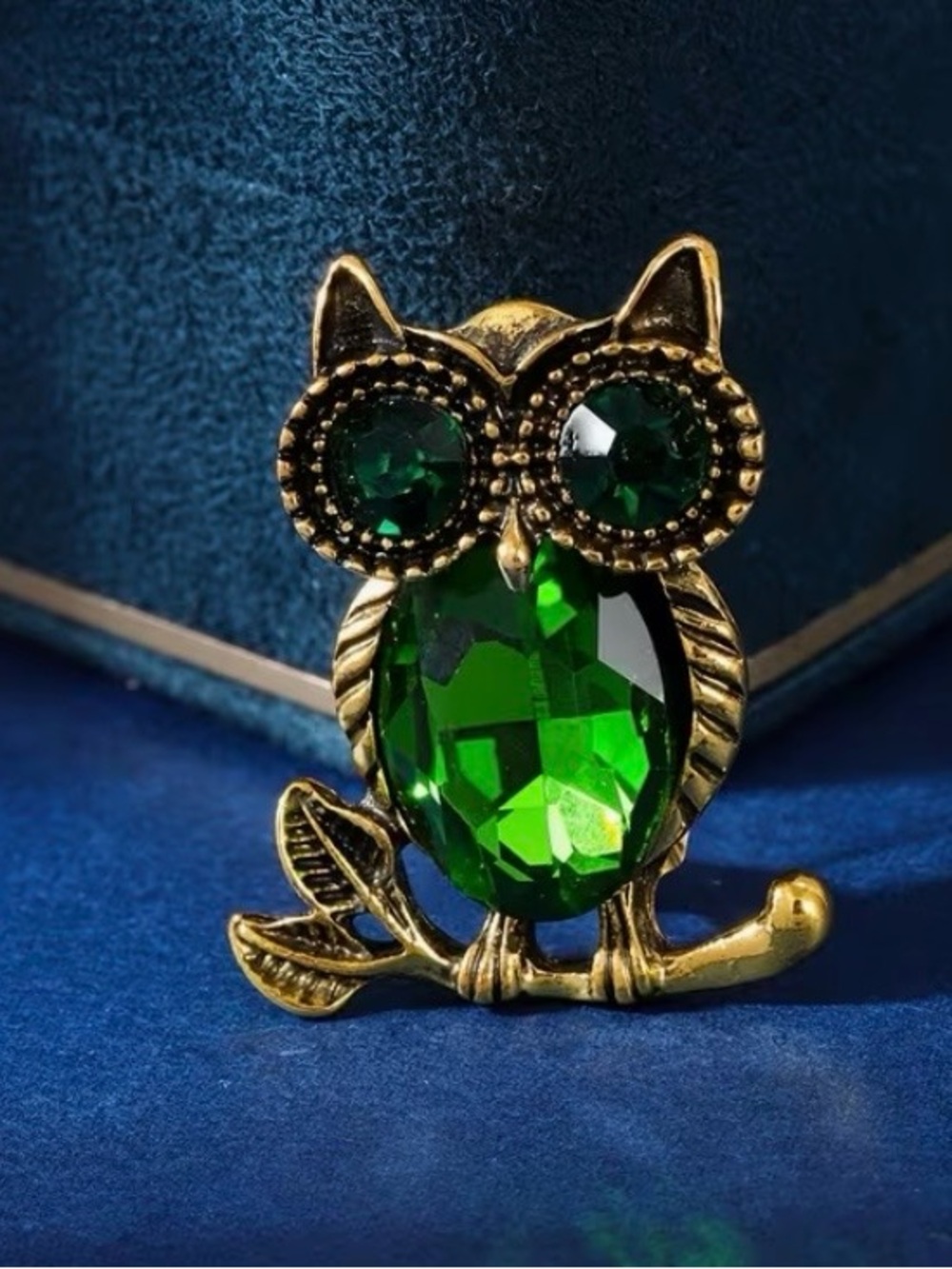 Gold-Tone Owl Brooch with Emerald Green Crystal Accent